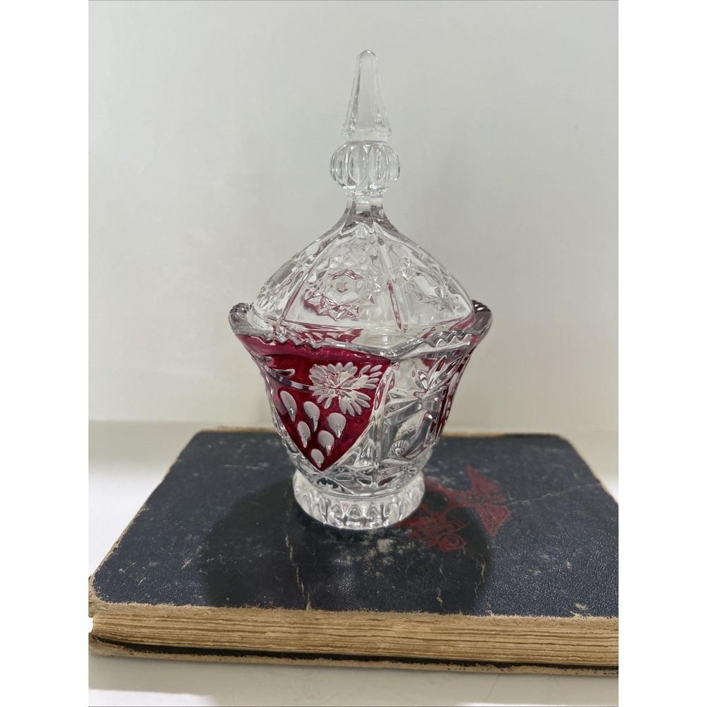 Anna Hutte Bleikristall Evita Ruby Flash lidded crystal candy dish from Germany.